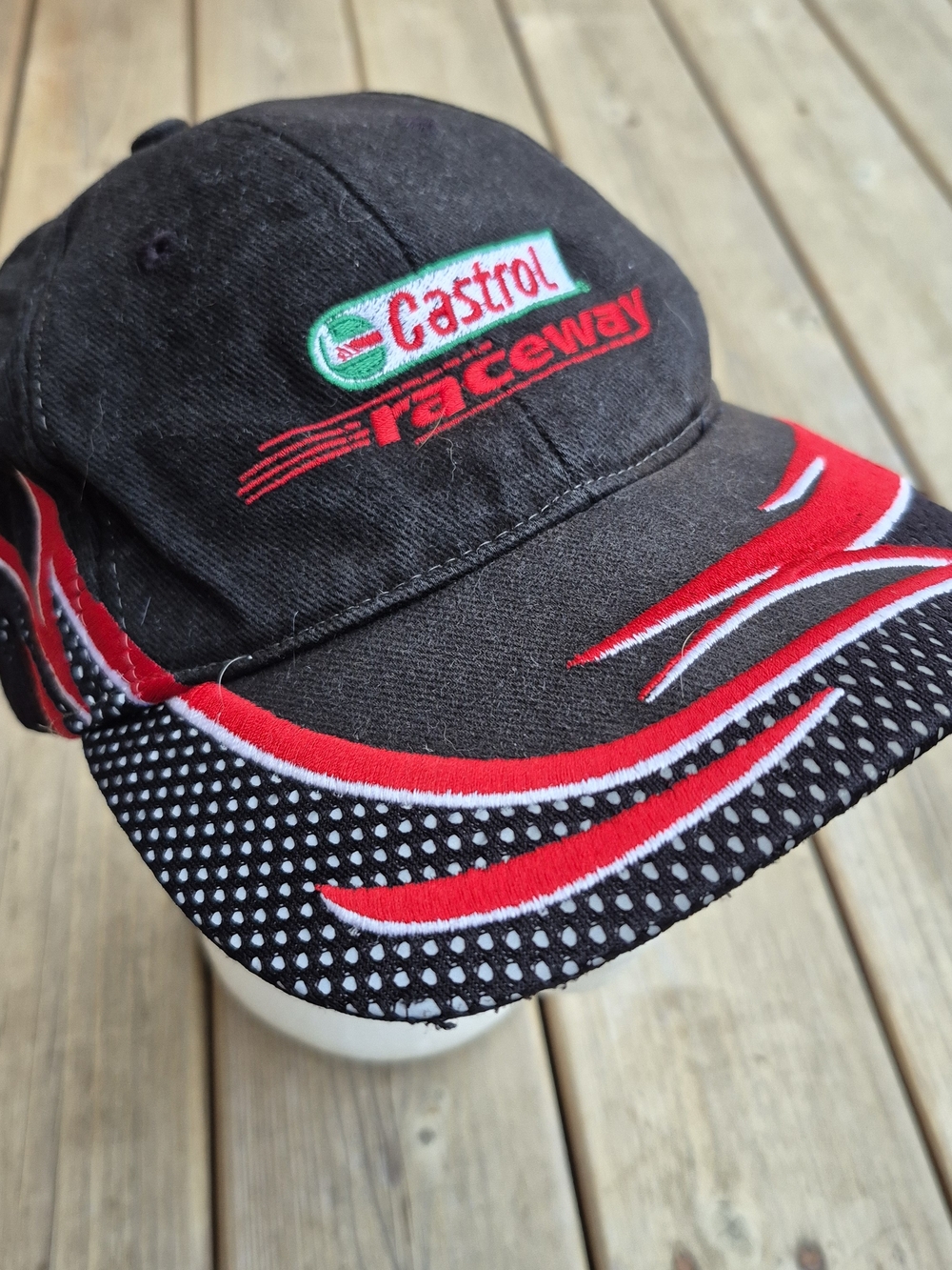 Astr Black and Red Racing-Style Cap with Castrol Raceway Patch